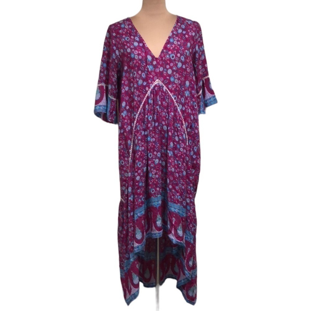 Aura Midi Dress Size Medium Fuschia Purple Turquoise Blue Floral Print